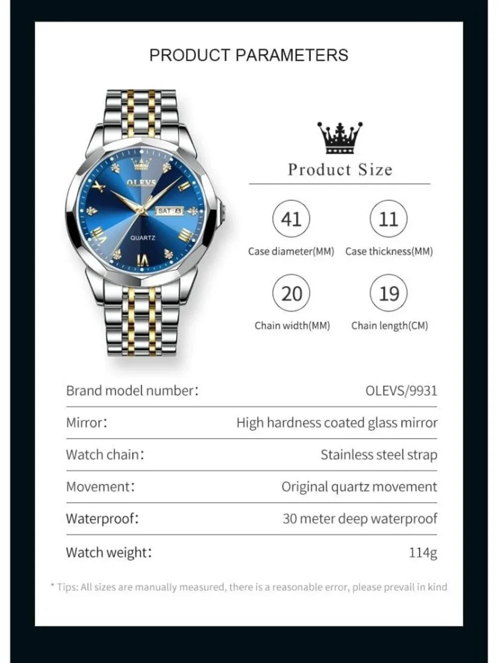 Men's Silver Blue Stainless Steel Analog Quartz Diamond Waterproof Luxury Watch